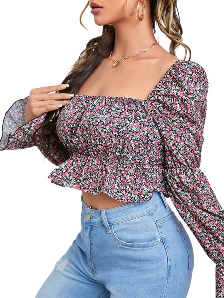 

ditsy floral gathered sleeve peplum q8oi#, White