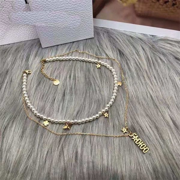 

jewelry 50% off letter little five pointed star two layer pearl necklace brass neck chain, Silver