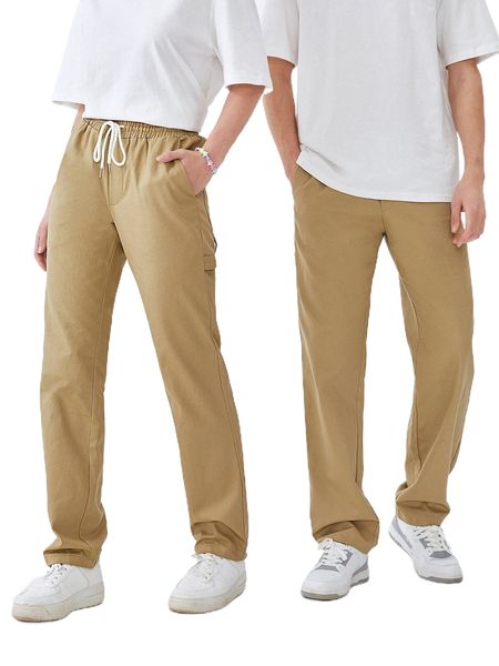 

1pc solid drawstring waist pants w6vr#, Black
