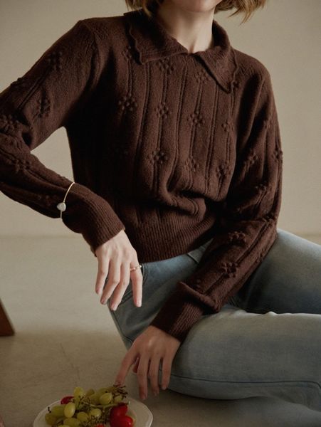 

simple retro solid textured scallop edge collar sweater c1iv#, White;black