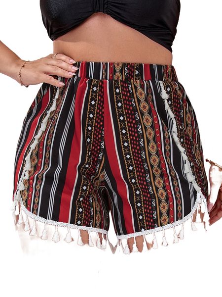 

plus geo print tassel trim tulip hem shorts o7zv#, Black
