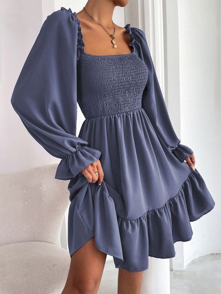 

square neck shirred bodice flounce sleeve ruffle hem dress u6hb#, Black;gray