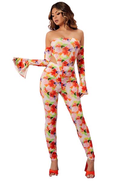 

floral off shoulder bell sleeve bodysuit & leggings set c3h9#, White