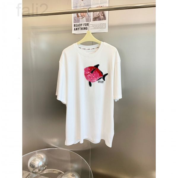 

women's t-shirt designer chaopai 22 new style in early spring every year with fish pink small nail diamond pattern, versatile casual lo, White