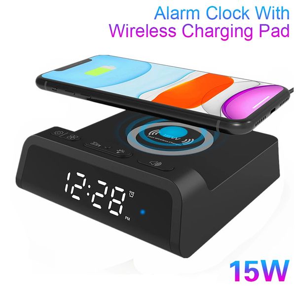 

electric led alarm clock with usb output qi 15w fast wireless charger for apple iphone 13 12 pro max samsung s10 s9