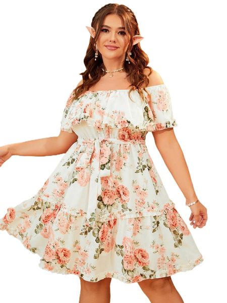 

plus off shoulder ruffle trim belted dress a4r2#, Black