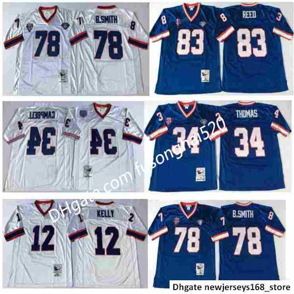 

2021 vintage ncaa men 12 jim kelly 34 thurman thomas 78 bruce smith 83 andre reed 1994 vintage white blue stitched college football jerseys, Black