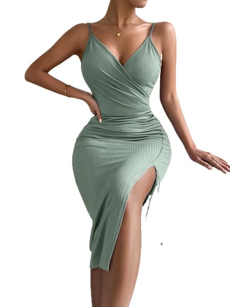 

ruched split thigh cami dress j2yl#, Black;gray