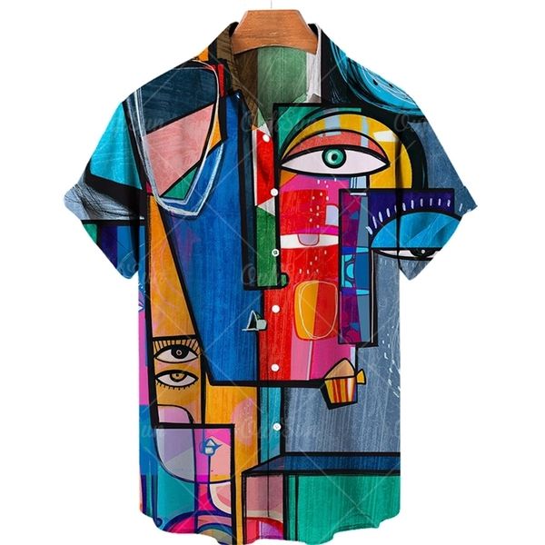 Mens 3d Graffiti Pintura a óleo camisa impressa Moda de moda Roupas de rua Hawaiian Mens camisa casual lapela grande 220527
