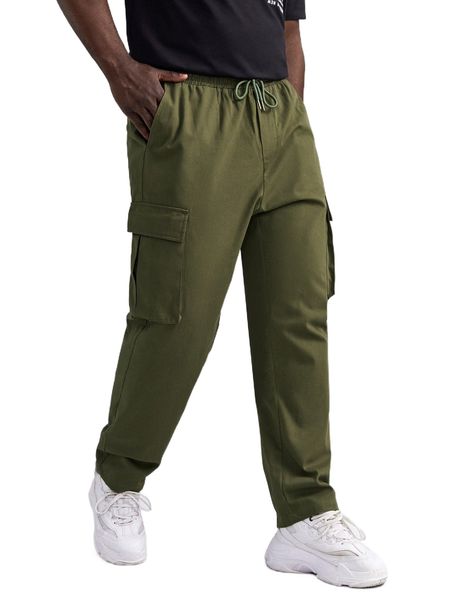 

extended sizes men flap pocket side drawstring waist cargo pants 41gz#, Black