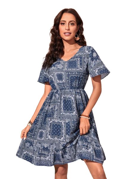 

emery rose paisley scarf print butterfly sleeve ruffle hem dress z4mi#, Black;gray