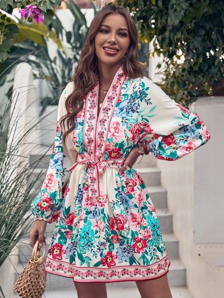 

floral print lantern sleeve belted dress j4t6#, Black;gray