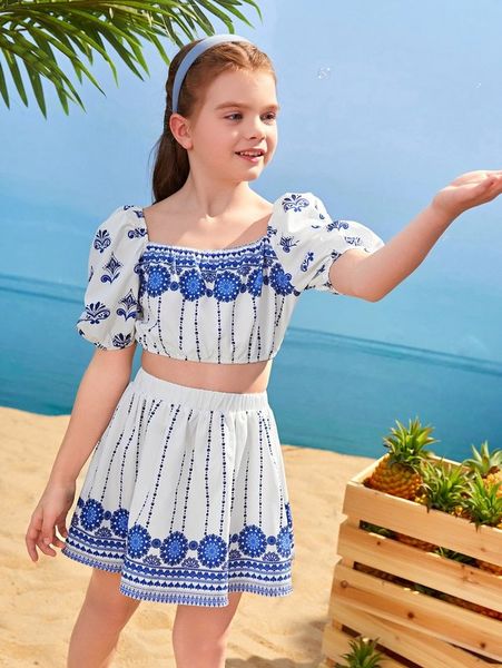 

girls square neck floral print puff sleeve crop & skirt she, White