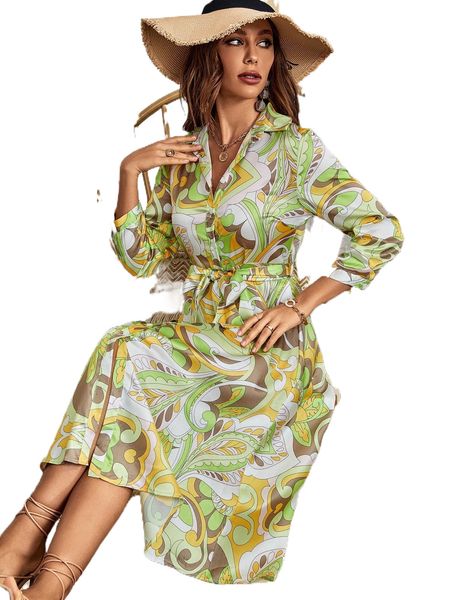 

random scroll print belted shirt dress o5q8#, Black;gray