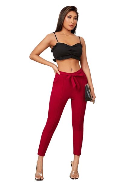 

petite solid belted carrot pants h1li#, Black;white