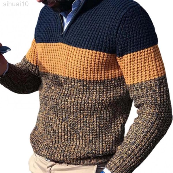 Herbst Männer Pullover Winter Pullover Jumper Lange Ärmel V-ausschnitt Farbe Block Gestrickte Pullover L220801
