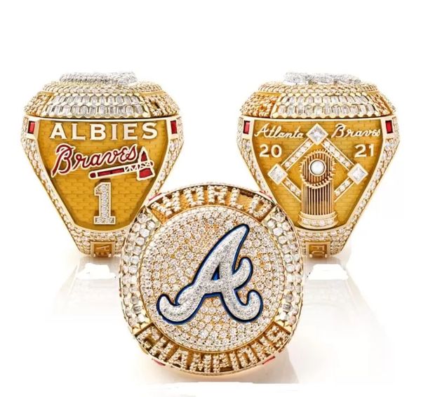 

6 player name ring soler an albies 2021 2022 world series baseball braves team championship ring with wooden display box souvenir men fan gi, Golden;silver