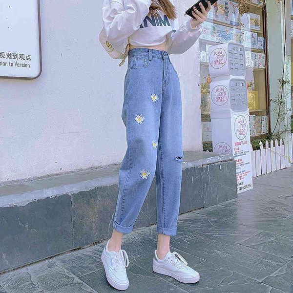 

dames denim broek 2021 nieuwe hoge taille cropped broek casual losse slim wilde straight leg dames mode plus size koop l220726, Blue