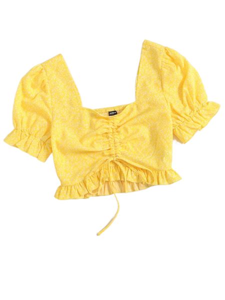 

drawstring front shirred back puff sleeve p3vn#, White