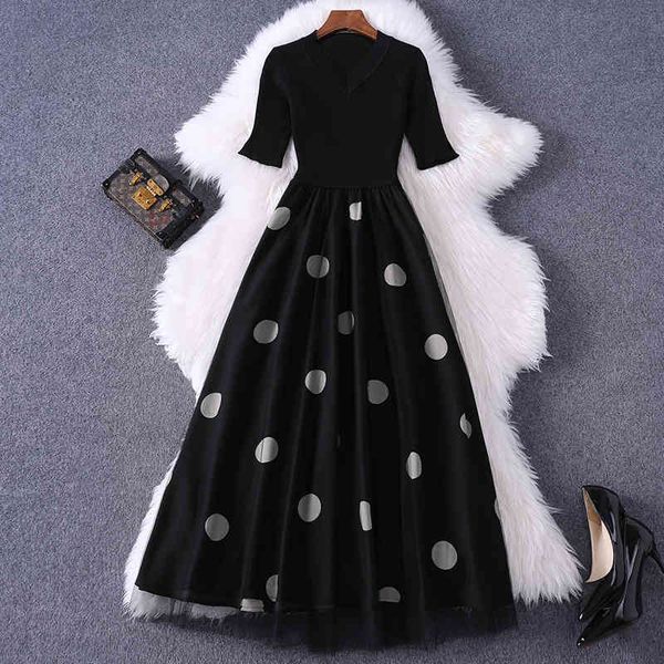 

casual dresses knitted stitched mesh dress summer women's fashion v-neck temperament wave point large swing skirt 88893 ipmg, Black;gray