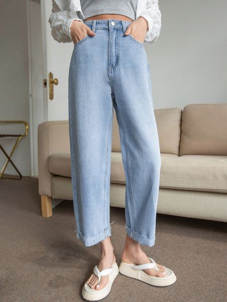 

dazy high waist frayed trim straight leg jeans h32u#, Blue