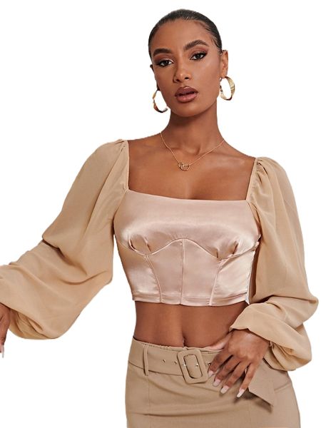 

lantern sleeve square neck crop satin blouse 03ed#, White