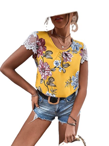 

floral print lace panel blouse f6vh#, White
