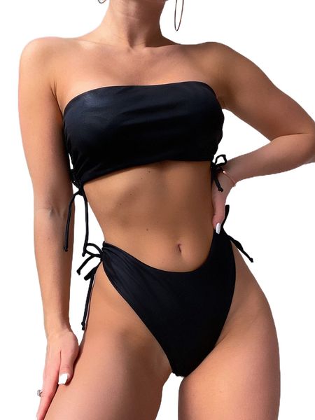 

solid b.andeau t.ie s.ide b.ikini swimsuit e7ln#, White;black
