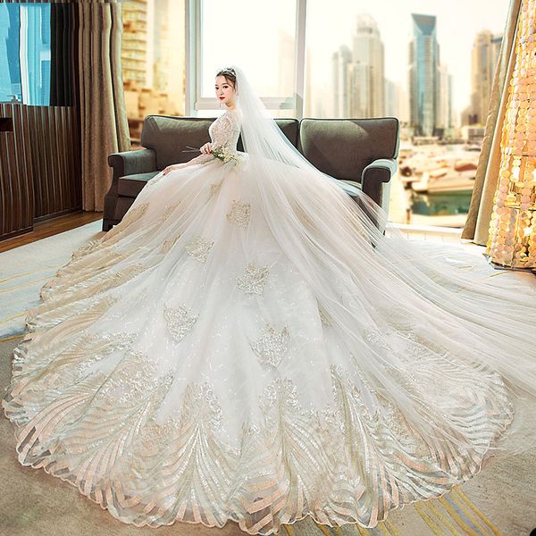 Weißes Ballkleid, charmantes Hochzeitskleid, Organza, V-Ausschnitt, rückenfrei, lange Ärmel, Applikationen, Spitze, Hochzeitskleid, nach Maß, Perle, Vestidos De Novia. Echtes Bild