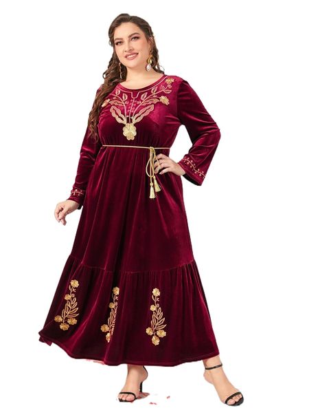 

plus floral embroidery ruffle hem belted velvet dress r88y#, Black