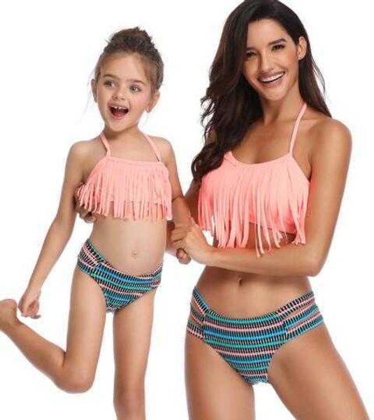 

2020 new tassel split parent-child swimsuit bikini suit split kids women girls flying yakuda flexible stylish leopard print bikini sets