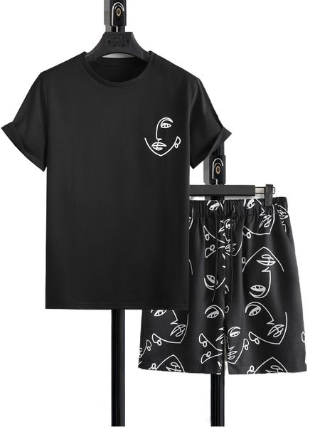 

men random figure graphic tee & drawstring waist shorts e7jw#, Gray