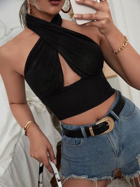 

cross wrap backless halter knit 59tf#, White;black