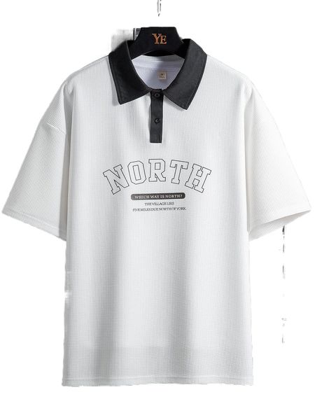 

men slogan graphic contrast collar drop shoulder polo shirt l081#, White;black