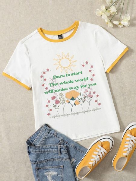 

floral & slogan graphic contrast trim tee d0n1#, White