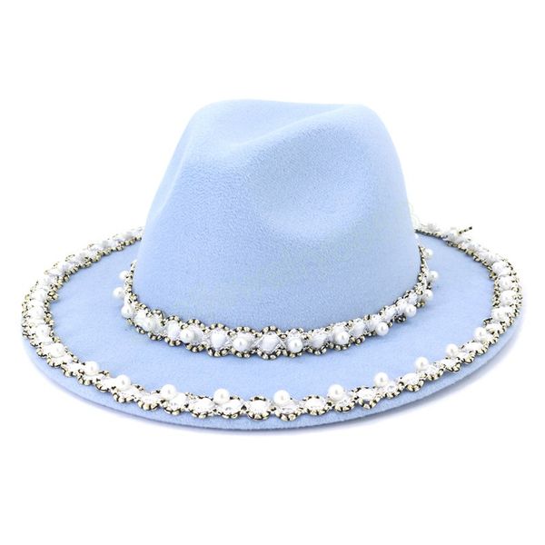 

handmade pearls decoration new felt wool wide brim fedora hat winter autumn elegant wedding panama jazz caps for woman, Blue;gray