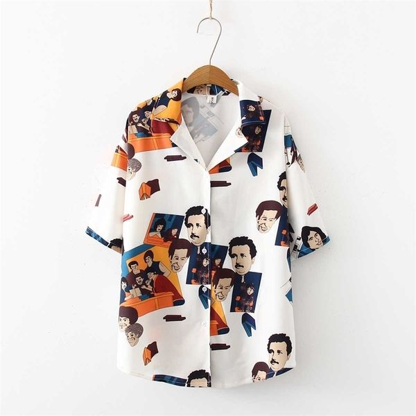 

summer women harajuku bf style blouse women cartoon print short sleeve blouses shirts female streetwear 210702, White
