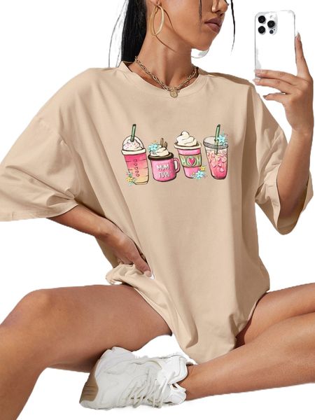 

drinks print drop shoulder oversized tee y0ea#, White