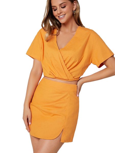 

drop shoulder crop & split hem skirt u5xi#, White