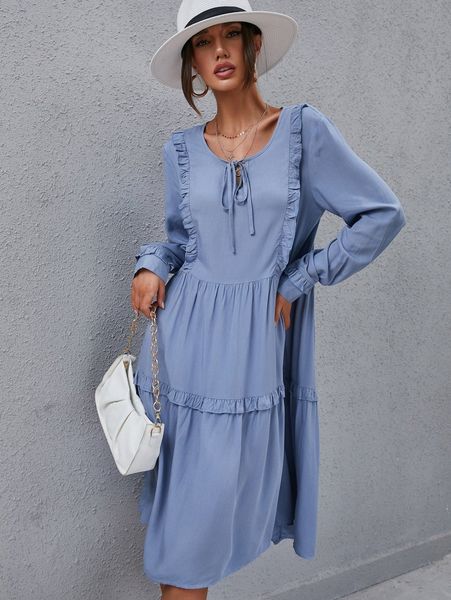 

tie neck ruffle trim smock dress 16eu#, Black;gray