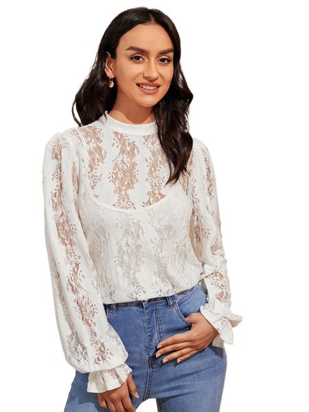 

1pc mock neck flounce sleeve guipure lace blouse j6rd#, White