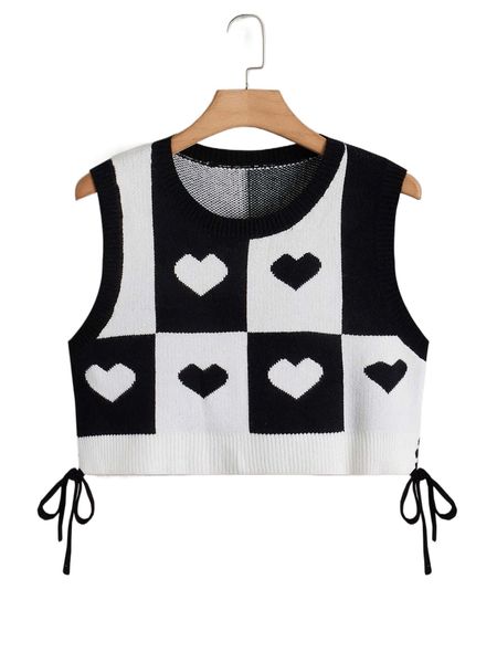 

plus heart pattern lace up side sweater vest g5gm#, Black