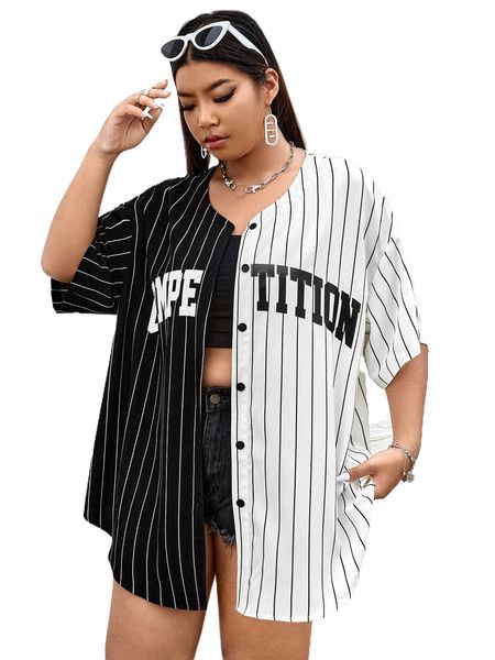 

plus striped & letter graphic drop shoulder shirt r2dt#, Black