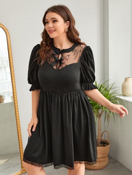 

plus contrast lace tie front puff sleeve dress 20jm#, Black