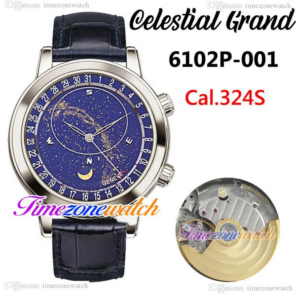 

bwf v5 date 6102p-001 celestial grand complication mens watch a324s automatic 6102 steel case blue starry sky dial leather strap watches twp, Slivery;brown