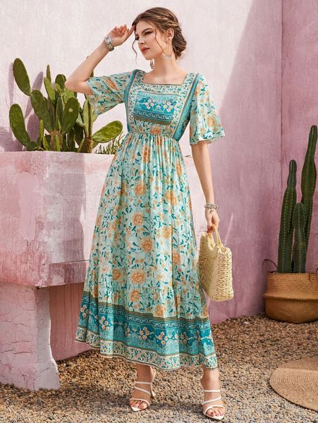 

allover floral print butterfly sleeve ruffle hem dress 169w#, Black;gray