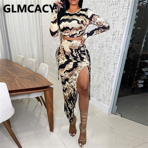 

women two piece dress suits long sleeve crop & high slit midi skirt set 220421, White