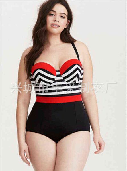 

plus fat one-piece big show thin cover belly mm swimsuit chest striped woman large, White;black