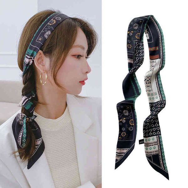 

designer silk head bag hair scarf vintage cashew nut small silk womens summer decorative scarf tide thin narrow strip tie hair belt, Blue;gray