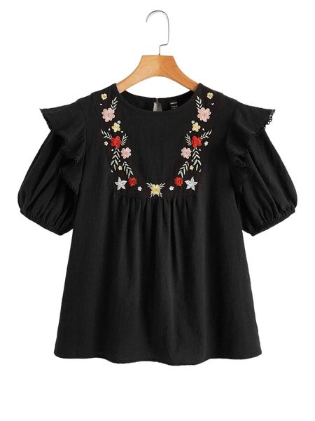 

ruffle trim floral embroidery b6mz#, White